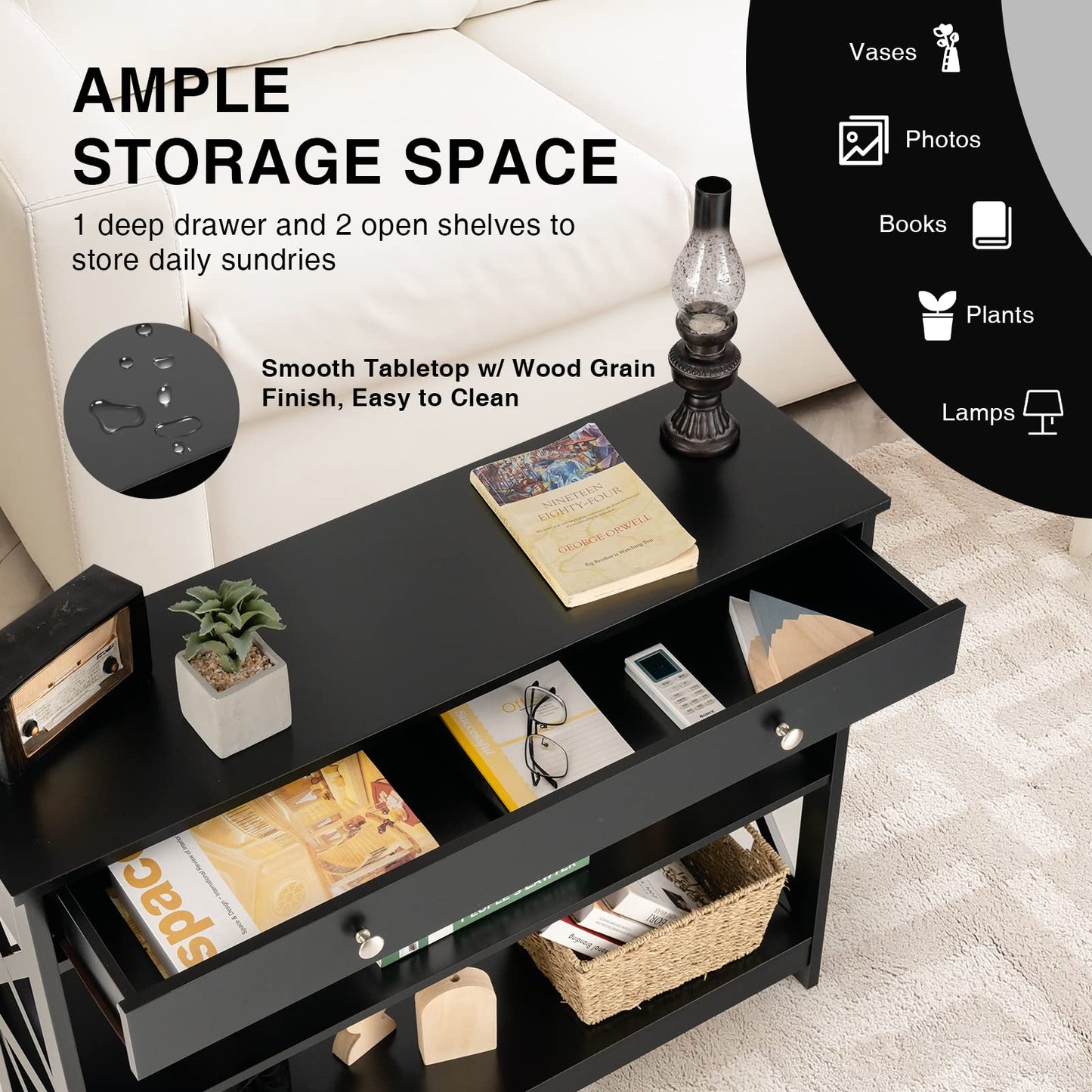 X-Shaped Sofa Side End Table with Drawer and 2 Storage Shelves
