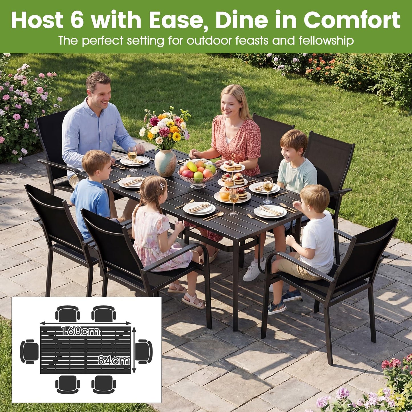 Patio Dining Table for 6 160CM Rectangle Metal Slat Table with Umbrella Hole