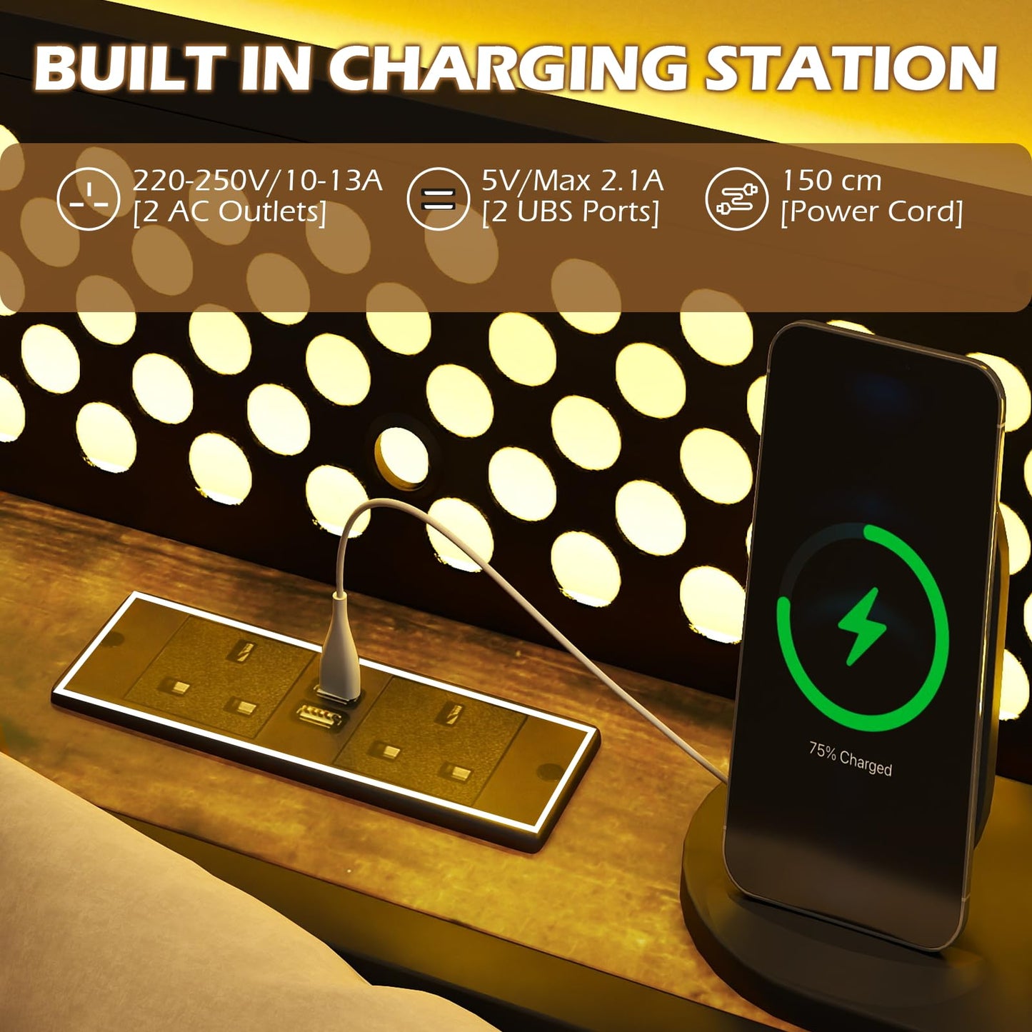 Industrial Metal Platform Bed with LED Lights and USB Power Outlets