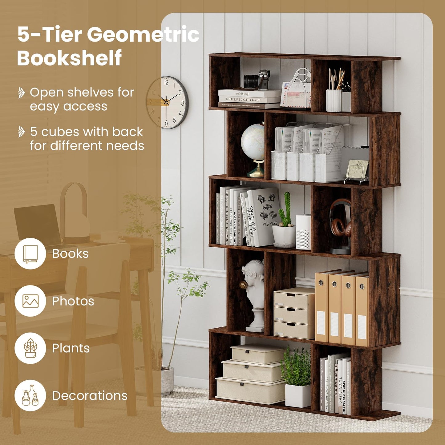 S-Shaped Wooden Bookcase, 5/6 Tiers Freestanding Storage Shelf