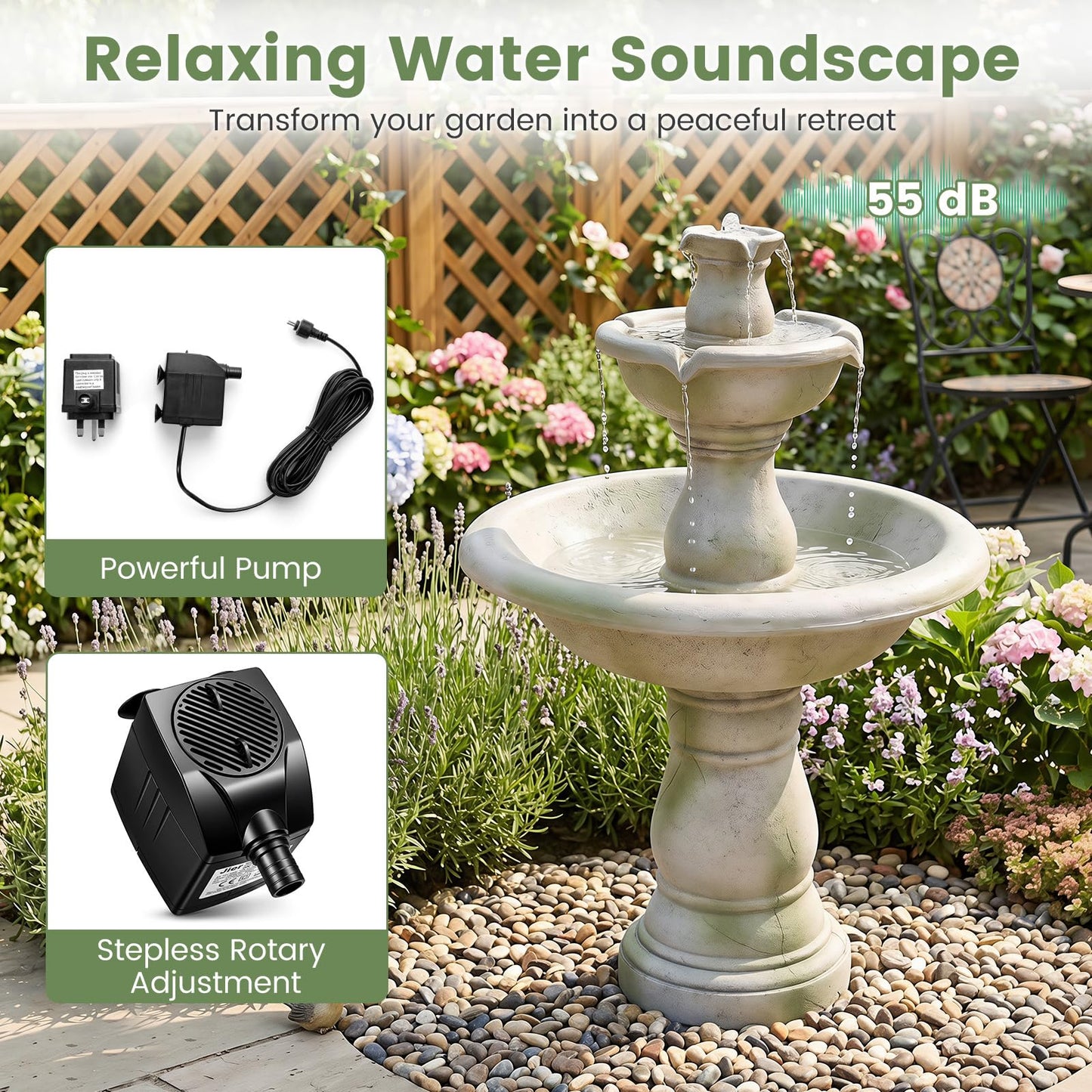 3-Tier Outdoor Water Fountain, 89cm Self-Contained Cascading Water Feature