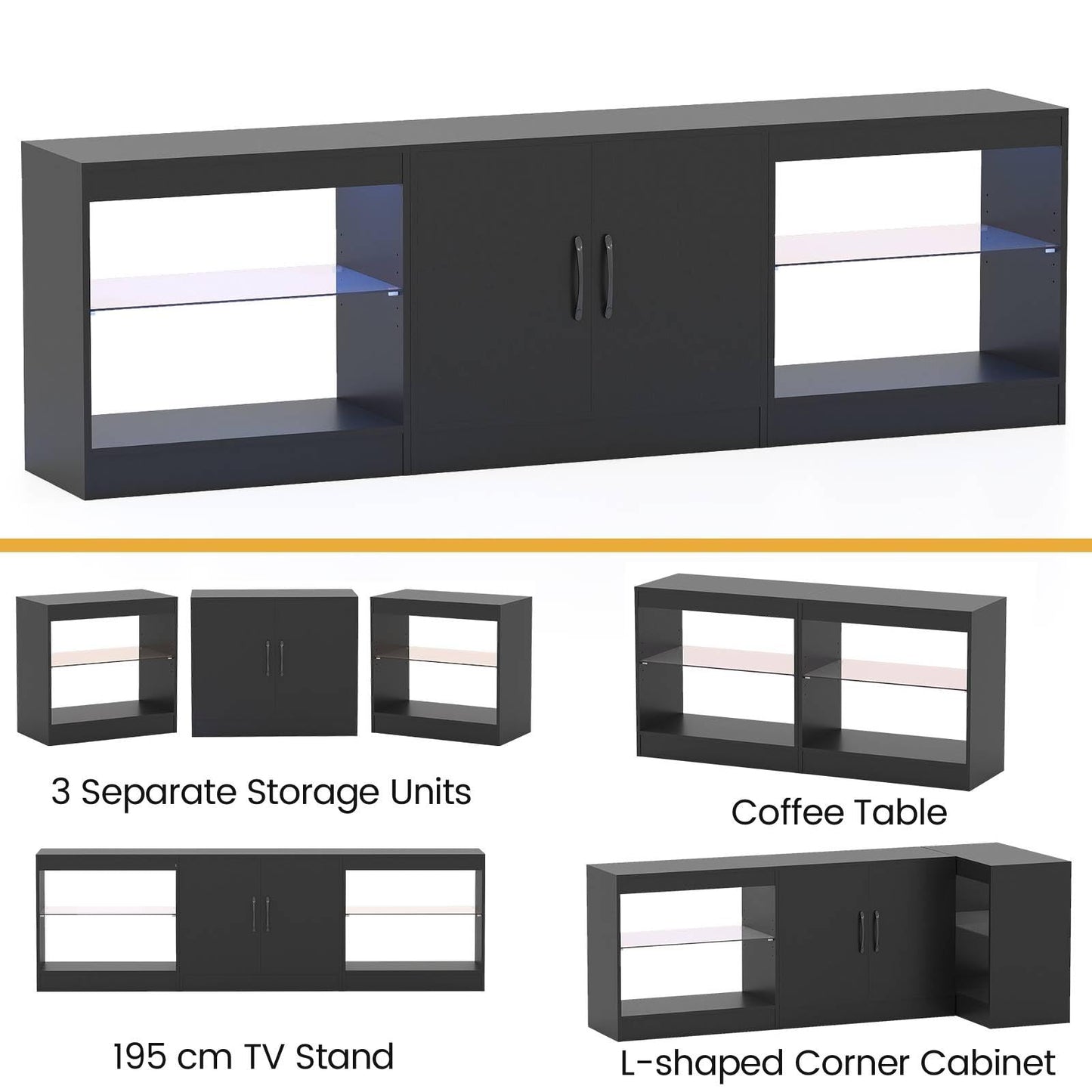 TV Stand Cabinet for TVs up to 85 Inches, 3 Pieces Modular Console TV Unit with LED Lights