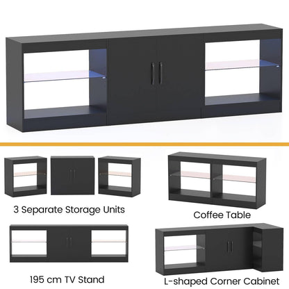 TV Stand Cabinet for TVs up to 85 Inches, 3 Pieces Modular Console TV Unit with LED Lights