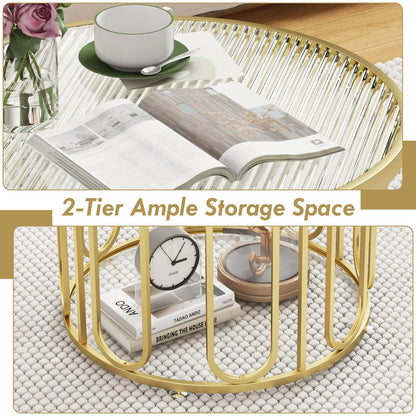 24 Inch Round Coffee Table with Reeded Tempered Glass Top