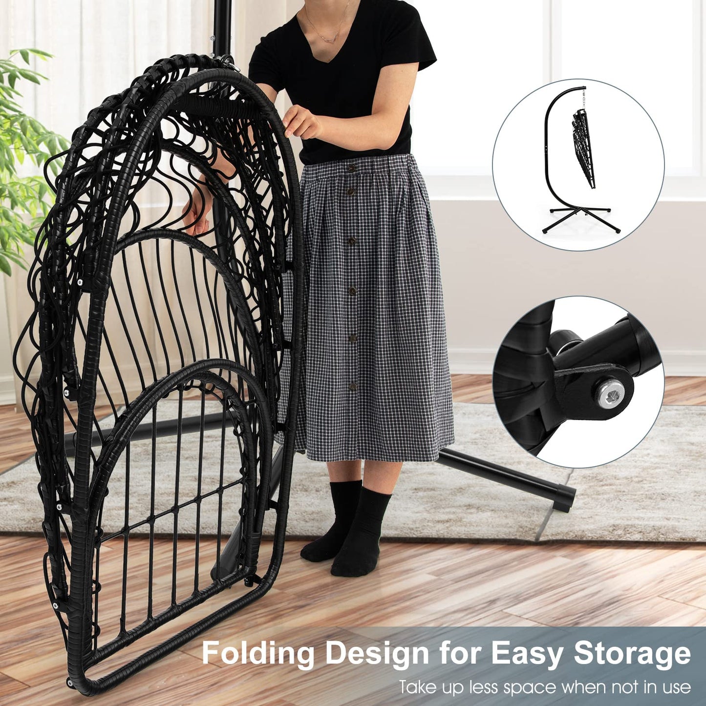 Upholstered Rattan Wicker Swing Egg Chair with Soft Cushion