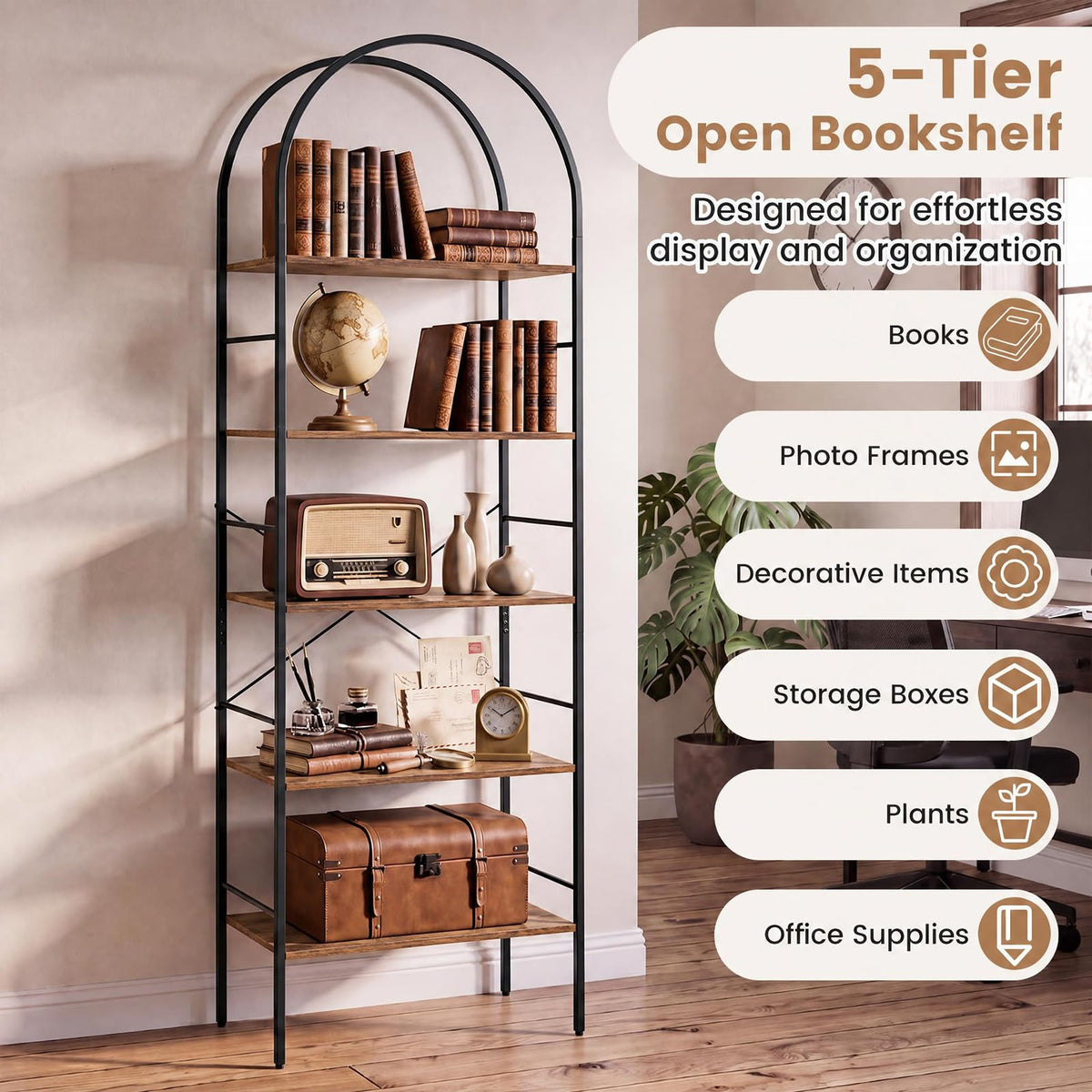 5-Tier Arched Bookshelf, Metal Frame Bookcase Shelving Unit, Freestanding Display Storage Organizer