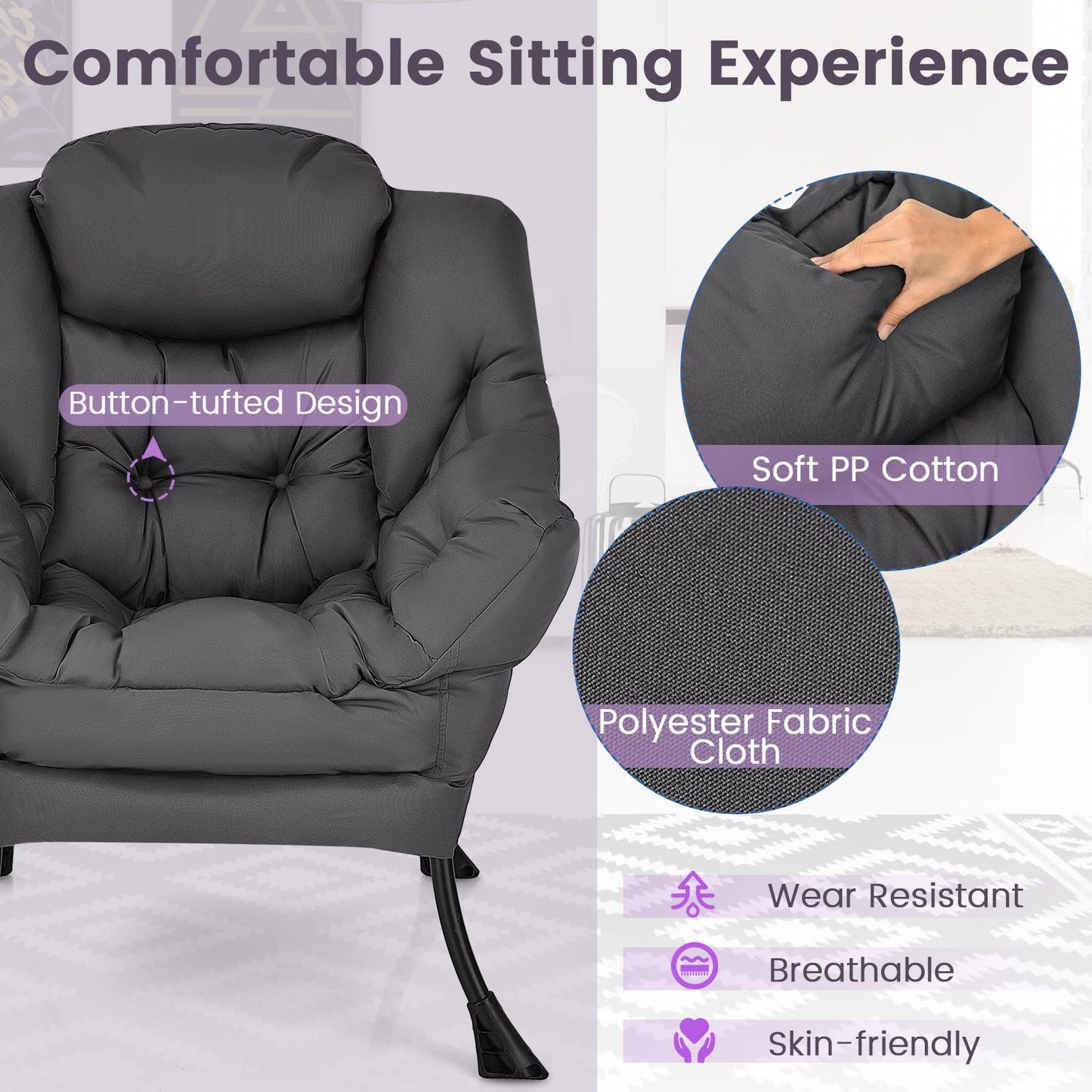 Armchair Accent Chair, Fabric Upholstered Lounge Armchair Leisure Reading Chair with Side Pocket