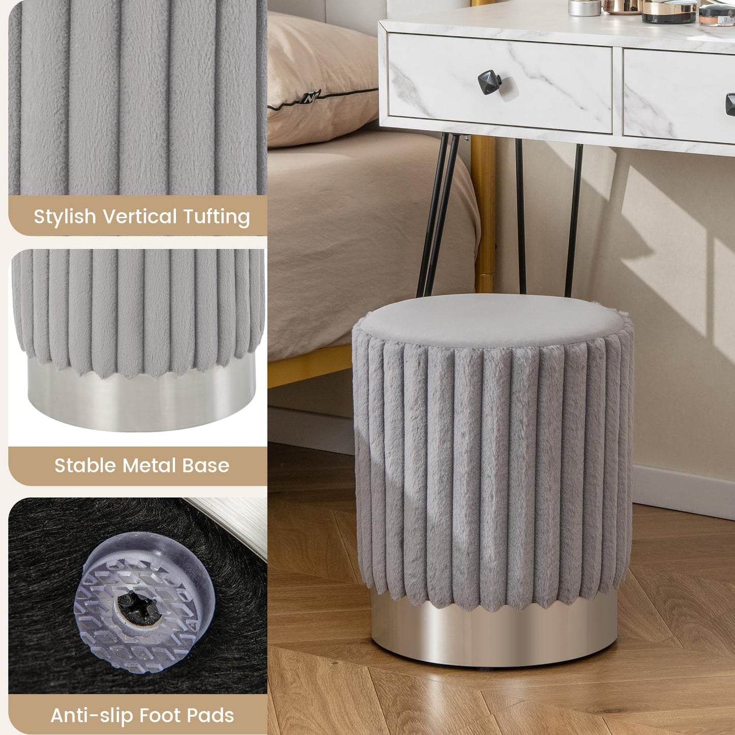 Upholstered Footrest Stool with Decorative Vertical Tufting and Heavy-duty Metal Base