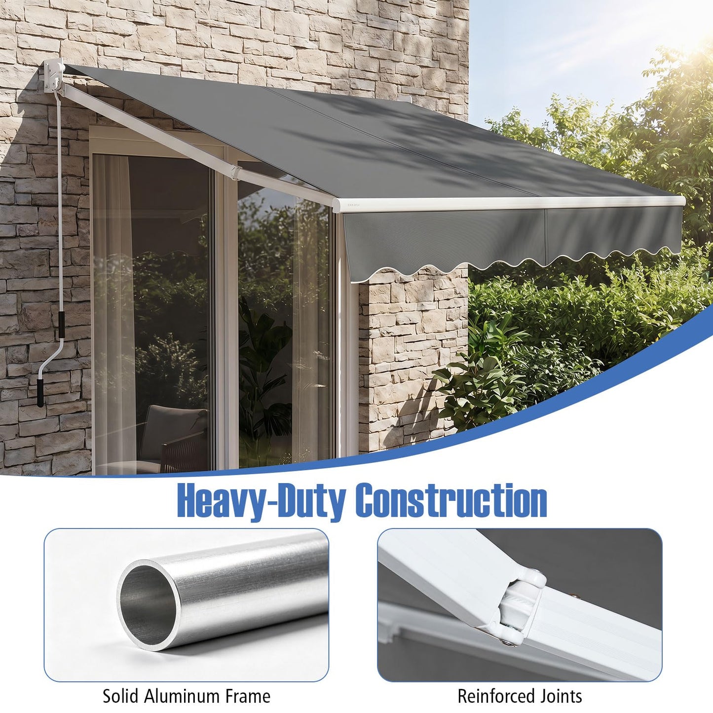 Retractable Manual Awning, Anti-UV and Waterproof Garden Patio Canopy with Fittings