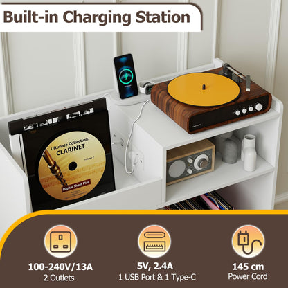 Record Player Stand with Charging Station, End Table with Display Shelves & Door