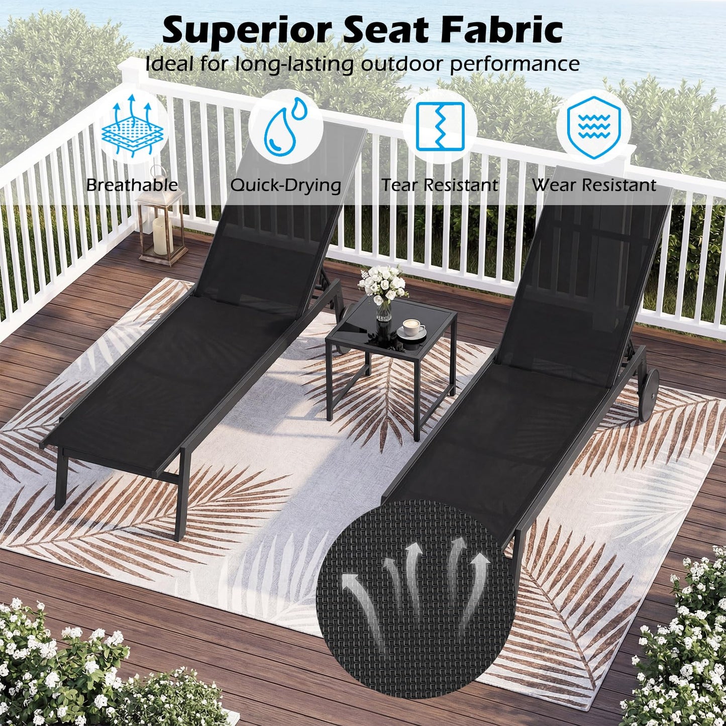 Patio Chaise Lounge Chair with Wheels Outdoor Recliner with 6-Level Adjustable Backrest