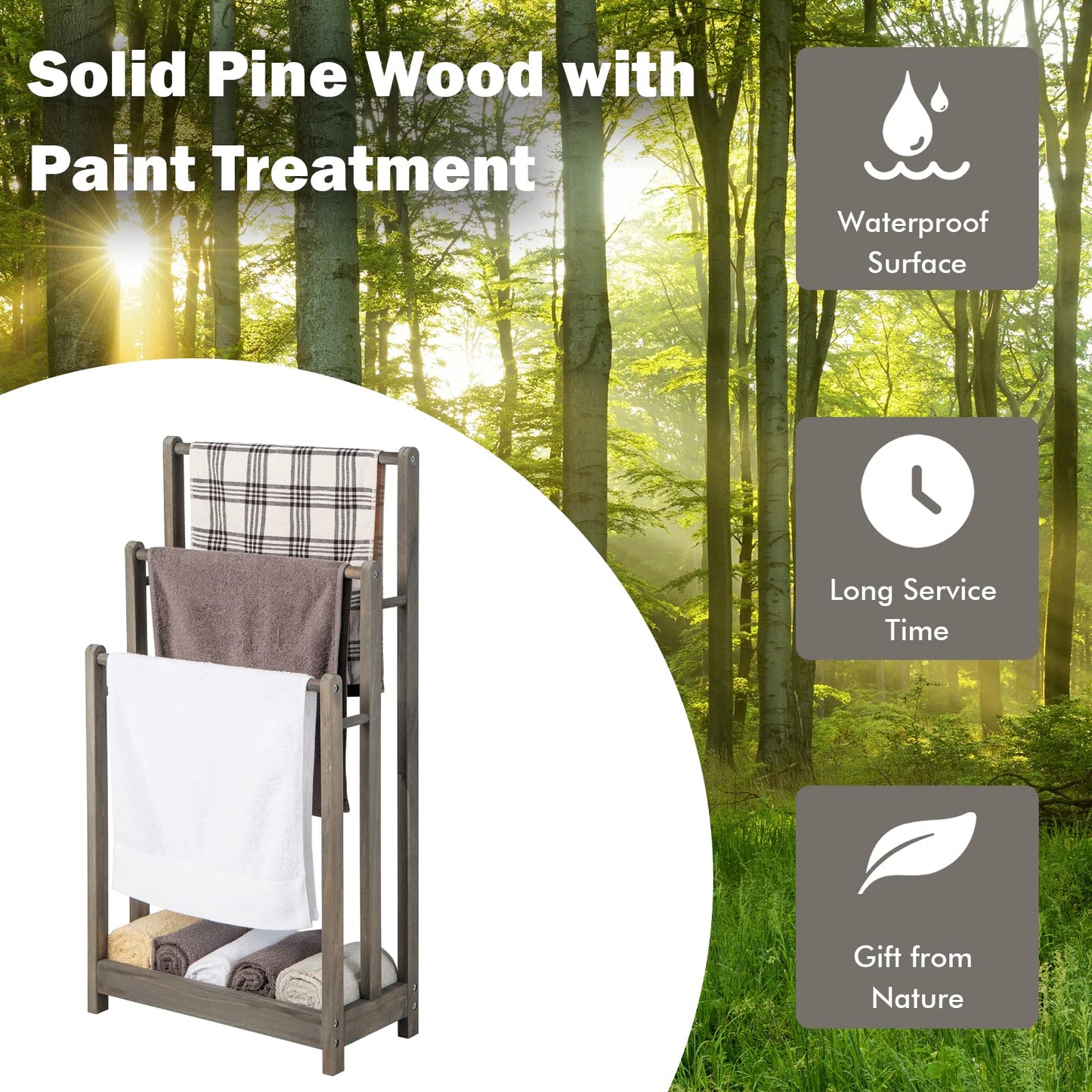 Freestanding Bathroom Towel Rail with Bottom Shelf and Anti-toppling Device