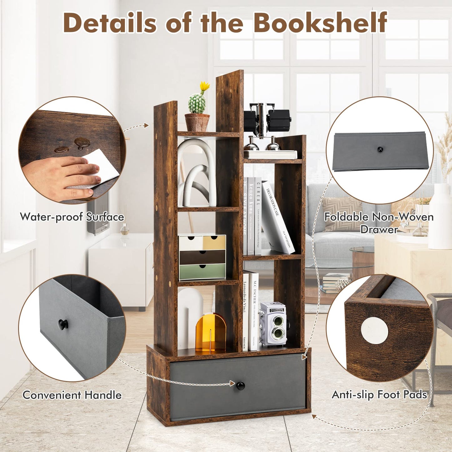 7/12-Tier Wooden Bookshelf with Folding Drawer for Study Living Room