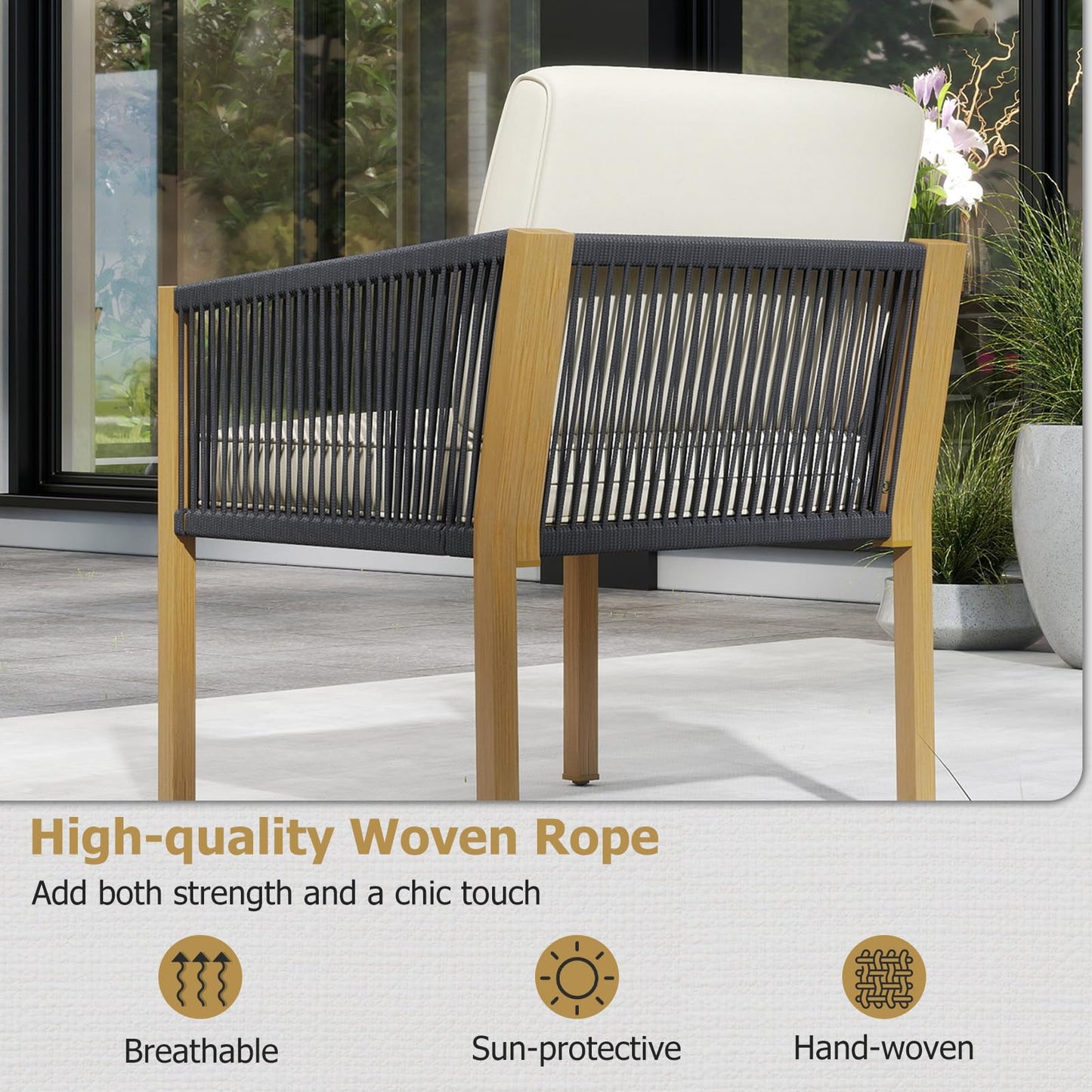 3PCS Patio Bistro Set, Woven Rope Outdoor Conversation Set with Cushions