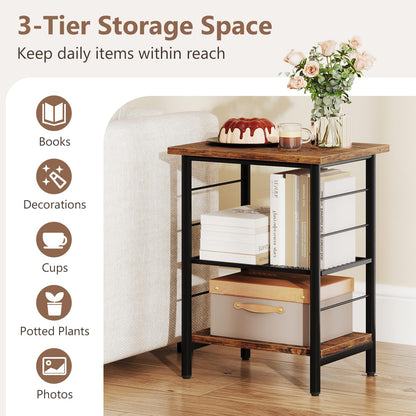 3 Tier Side Table with Height Adjustable Metal Mesh Shelf