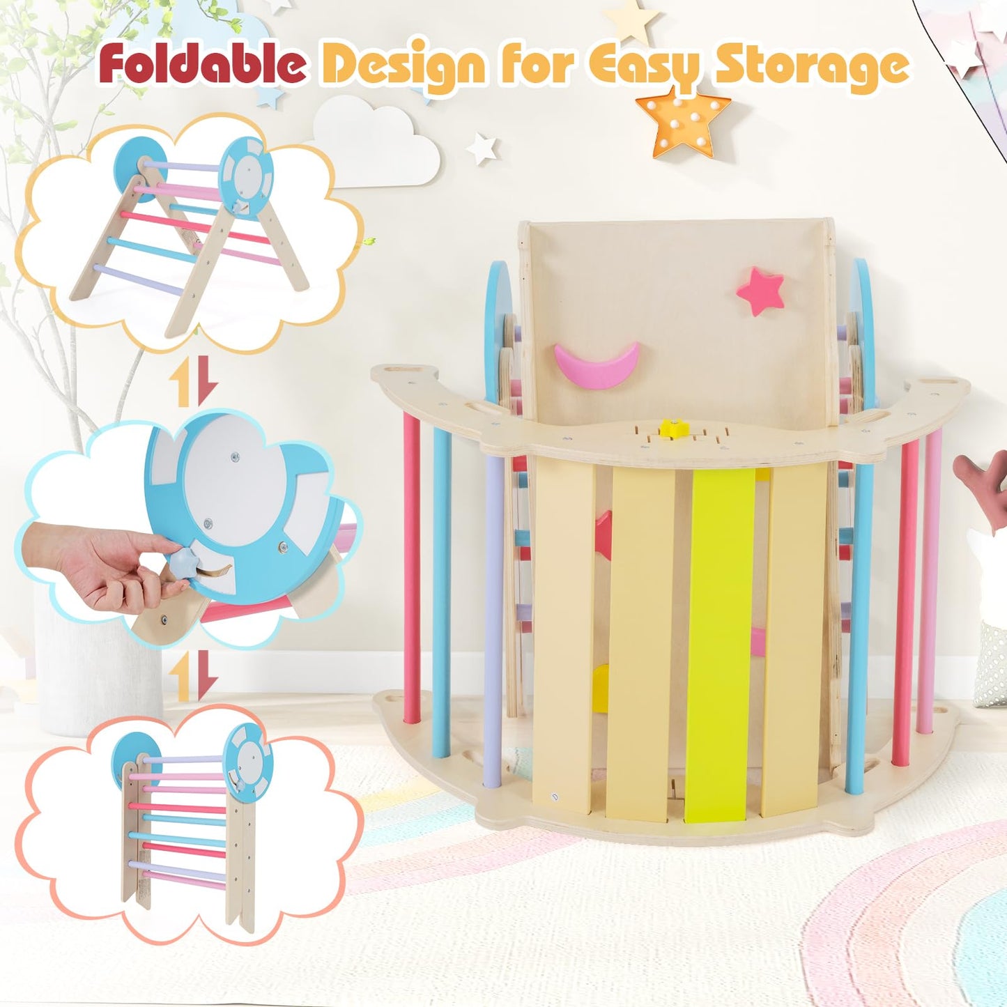 7 in 1 Kids Climbing Frame, Wooden Toddler Climbing Set with Reversible Ramp