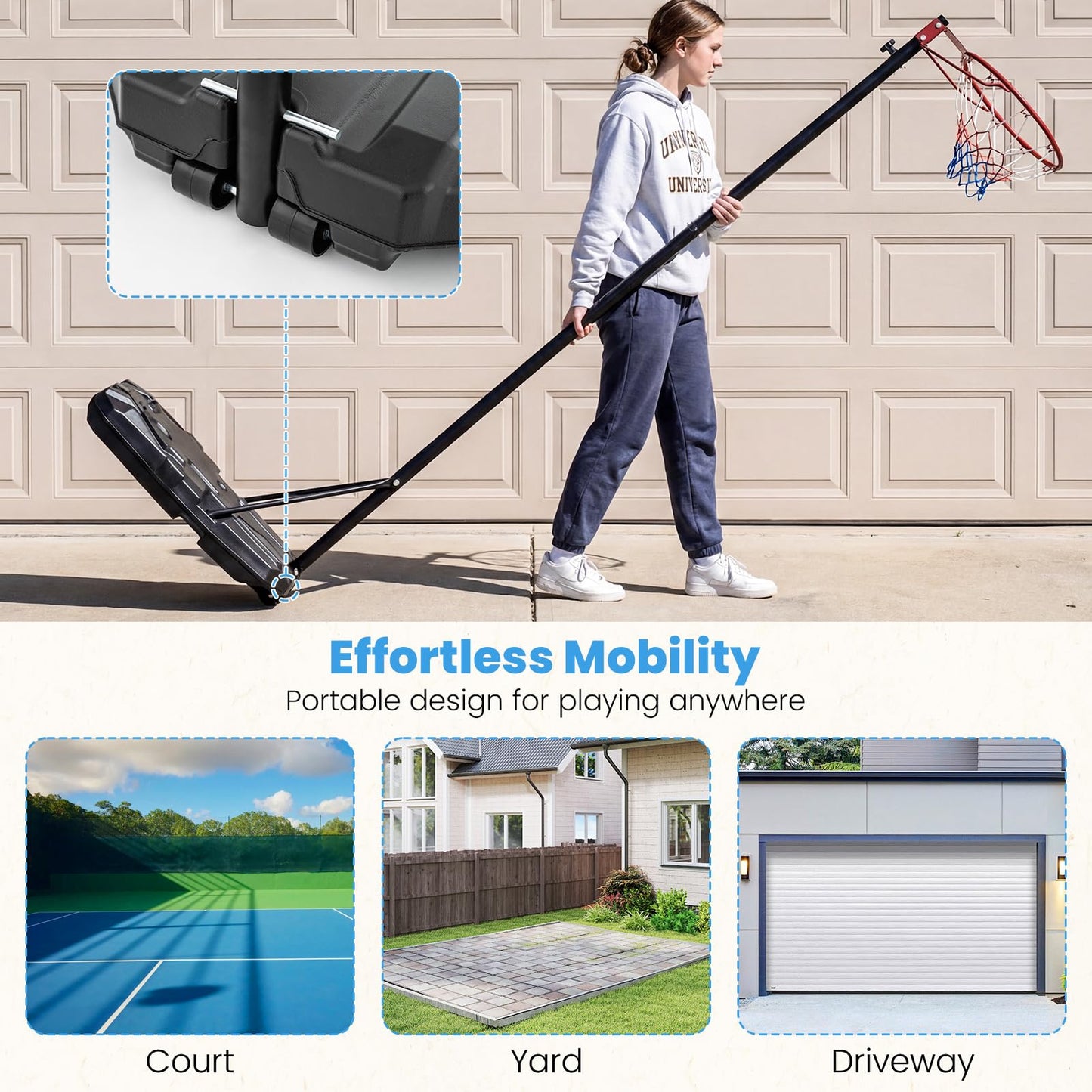 305 cm Portable Netball Post with Fillable Base and 10-Level Adjustable Height
