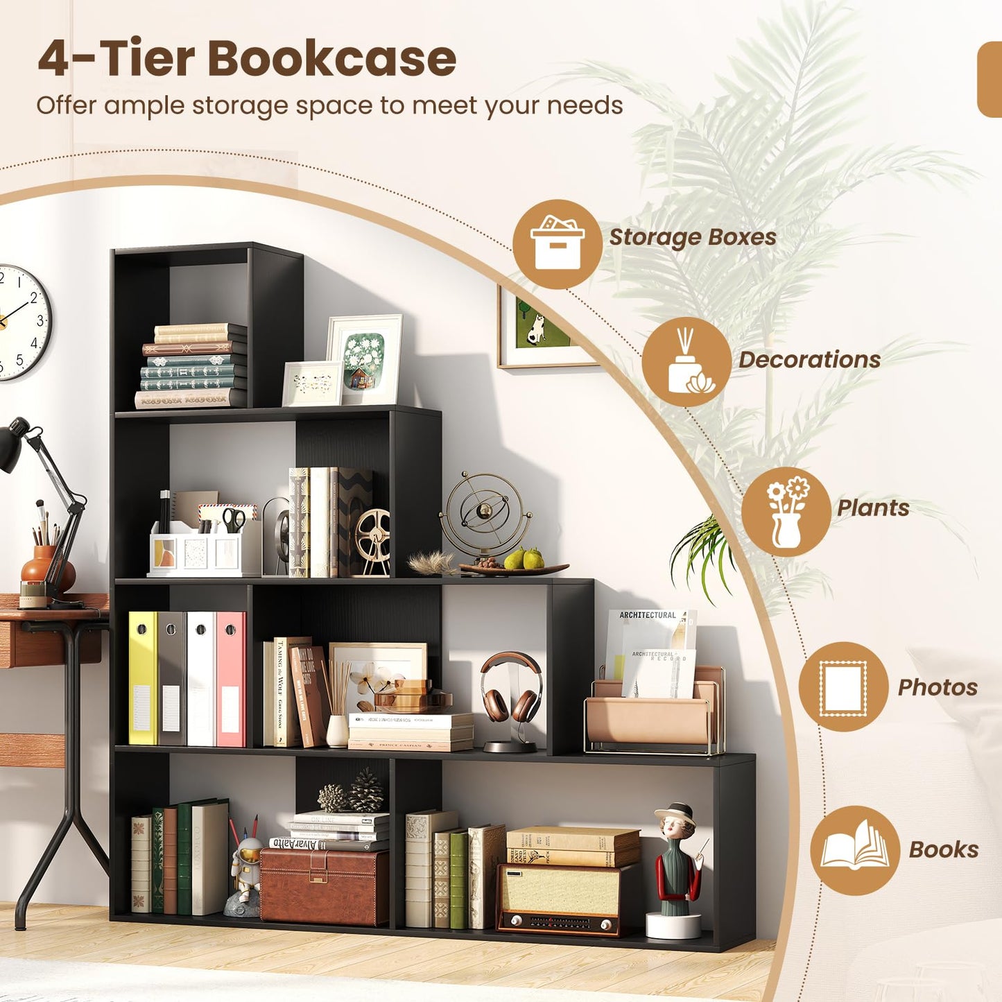 4-Tier Stepped Bookshelf Modern Ladder Bookcase with 6 Storage Cubes