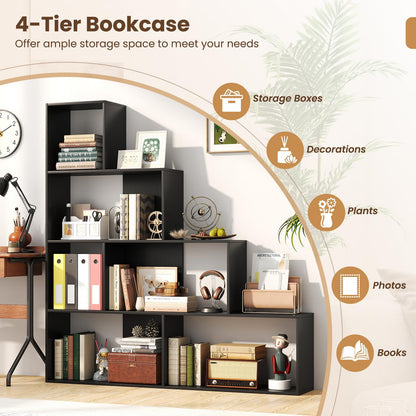 4-Tier Stepped Bookshelf Modern Ladder Bookcase with 6 Storage Cubes