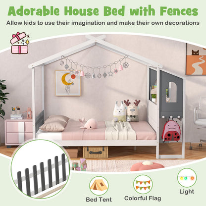 Single/Double House Bed Wood Montessori Bed Frame with Desk