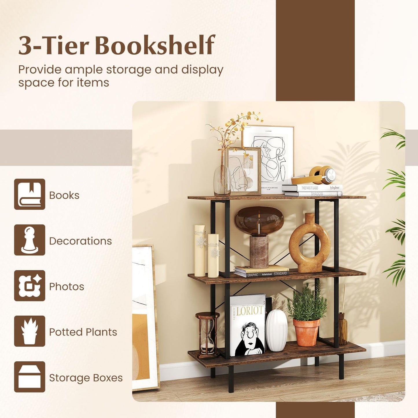 3-Tier Industrial Bookshelf with Open Shelves and Metal Frame for Living Room Study