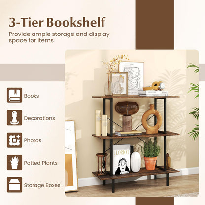 3-Tier Industrial Bookshelf with Open Shelves and Metal Frame for Living Room Study