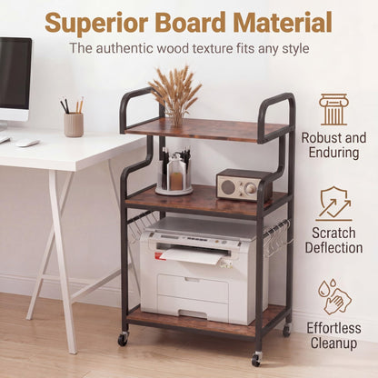 3-Tier Rolling Printer Stand with Storage Shelves and Hooks