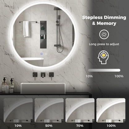 600mm/700mm Round Bathroom Mirror with LED Lights, Illuminated Backlit Wall Mounted Vanity Mirror with 3 Colors