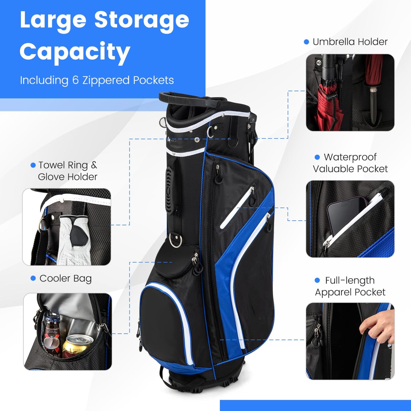Golf Stand Bag wIth 14 Way Top Dividers 6 Pockets Cooler Bag Dual Strap and Rain Hood
