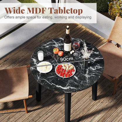 Round Dining Table with Rubber Wood Legs and Marble-textured Veneer Tabletop