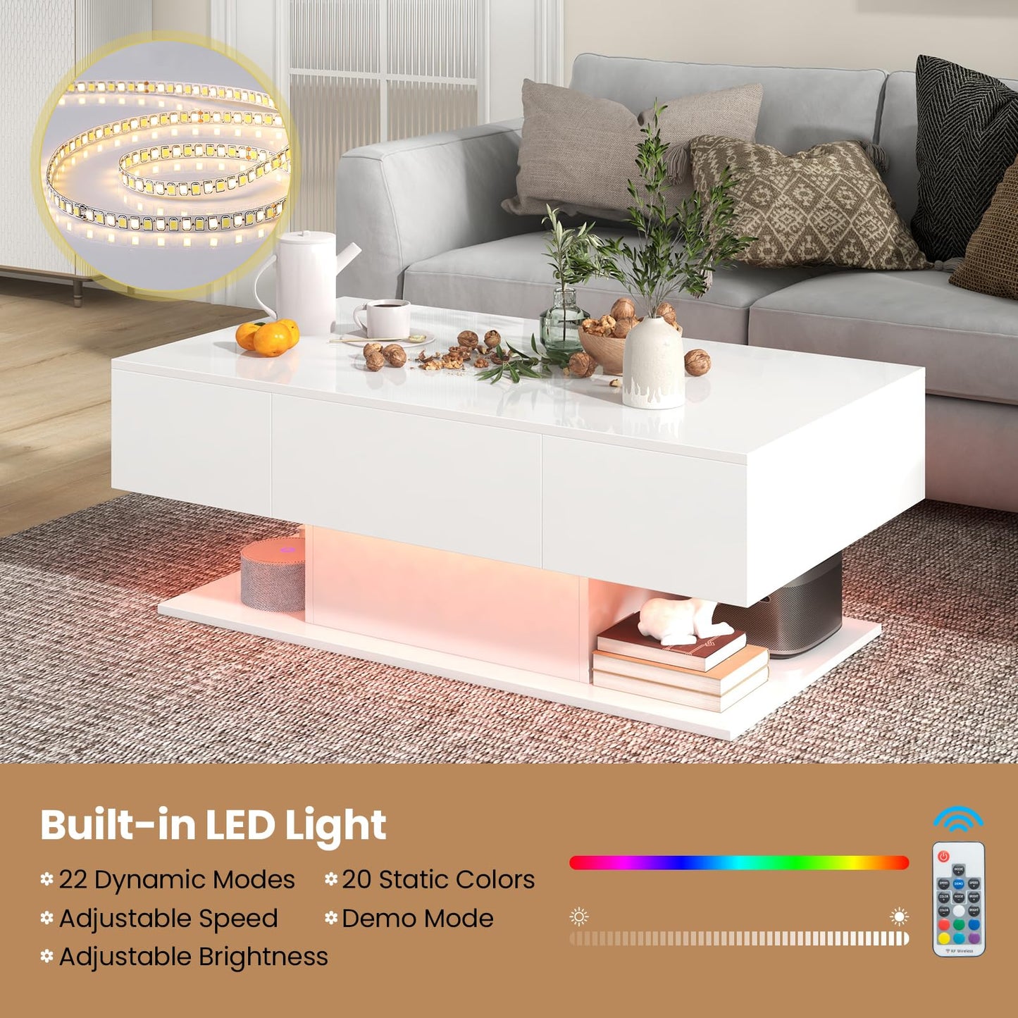 LED Coffee Table with 2 Drawers and Remote Control