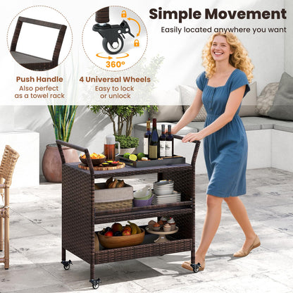 Outdoor Bar Cart 3-Tier Patio Rattan Storage Shelf with Lockable Universal Wheels