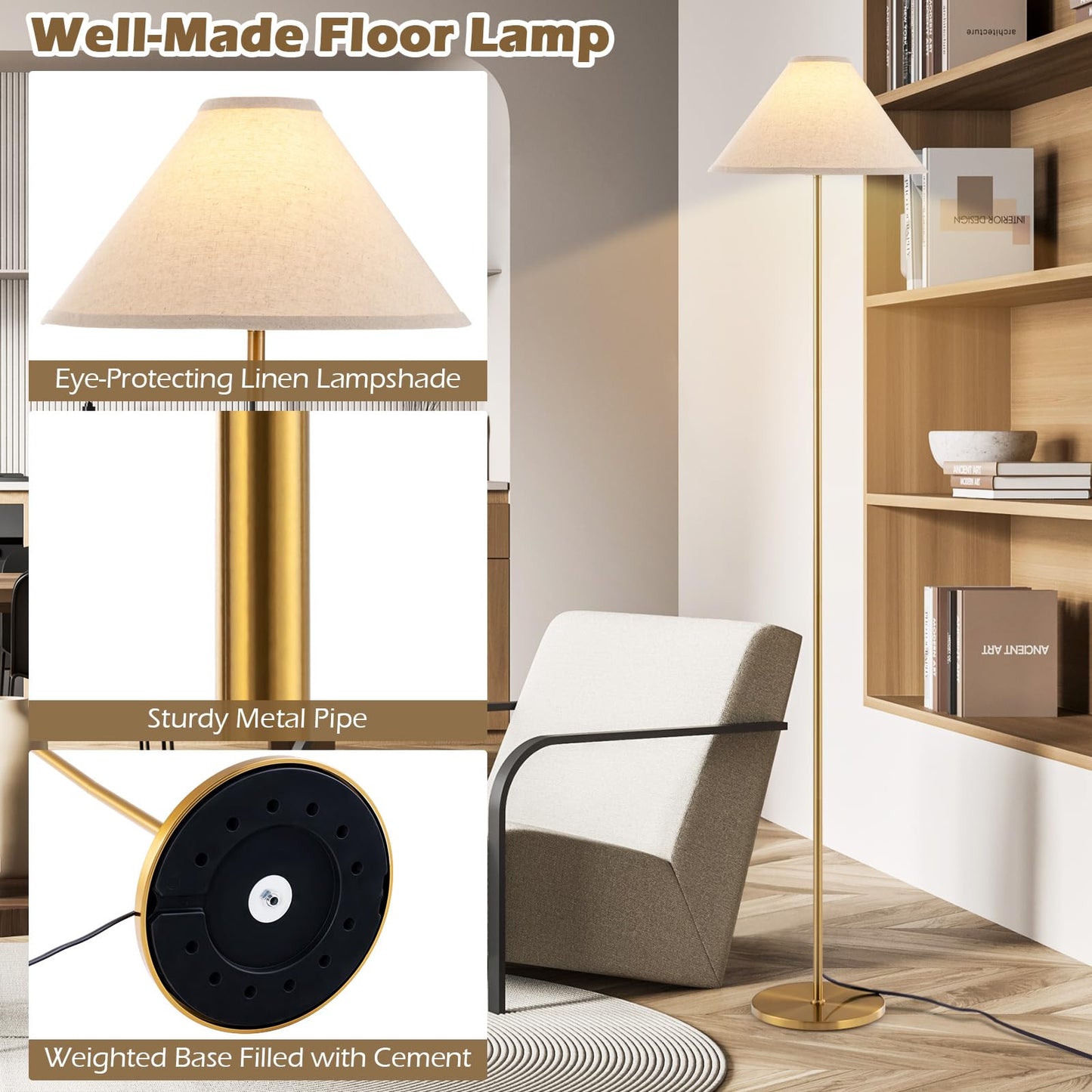 Elegant Floor Lamp with Linen Shade and Foot-Operated Switch