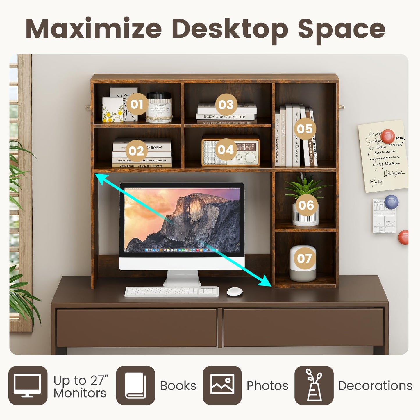 Countertop Bookcase with 3 Adjustable Shelves and Open Compartment