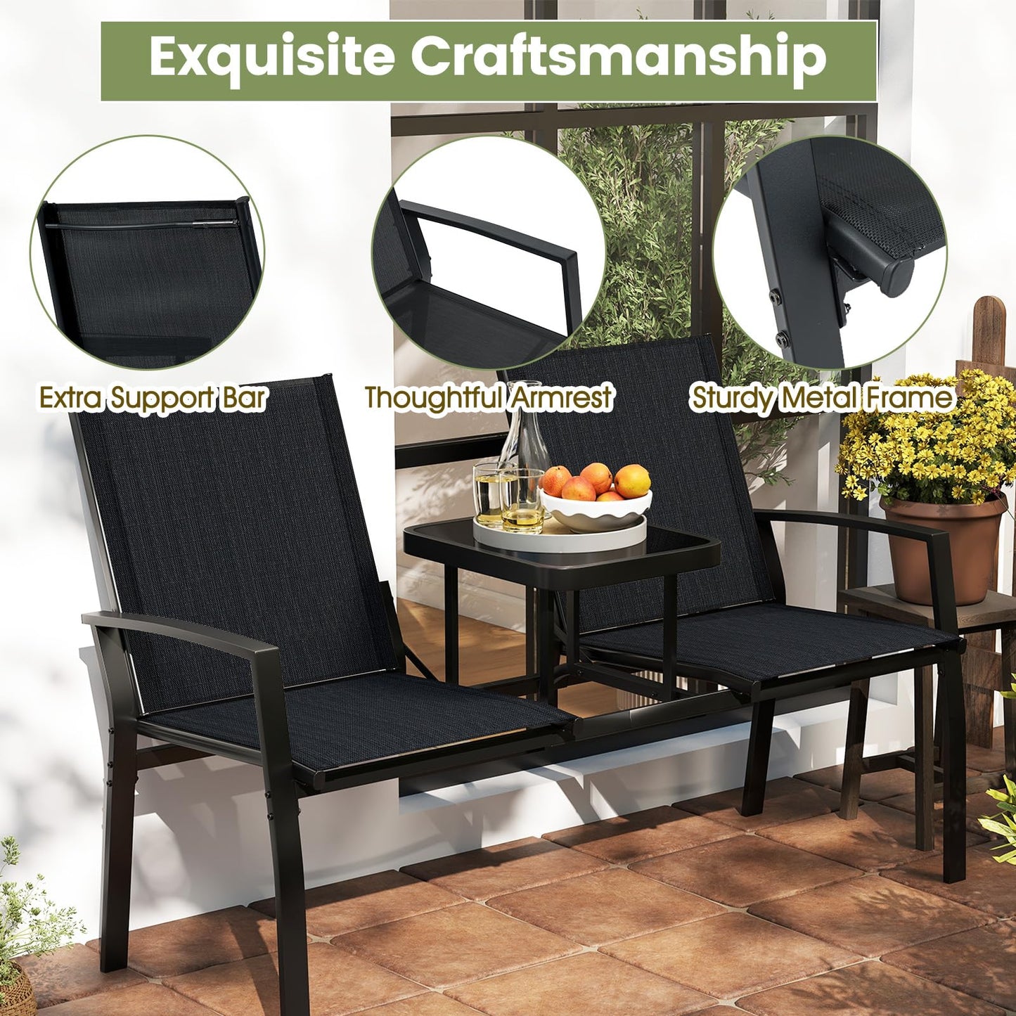 Garden Love Seats, 2-Seater Patio Bench Chair Companion Seat