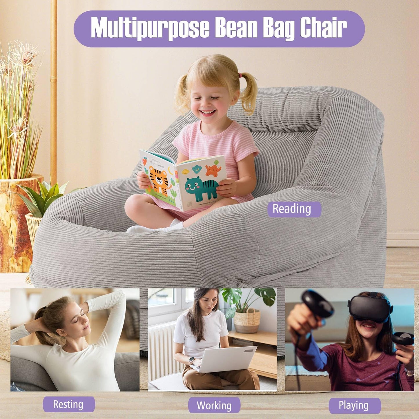 Boneless Floor Single Sofa Chair with Soft Stripe Corduroy Cover