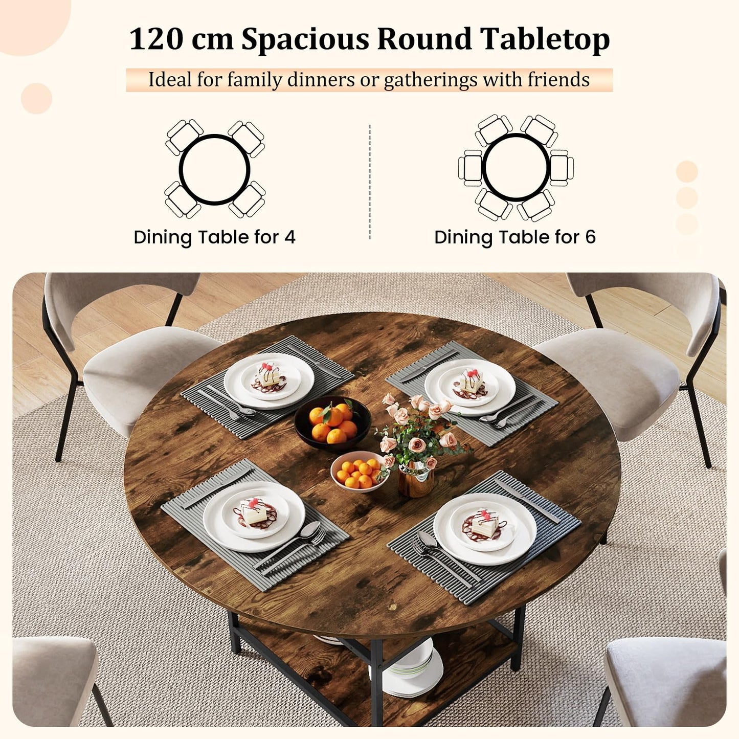 Dining Table for 4-6 People, Round Wooden Kitchen Tables with Storage Shelves