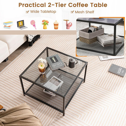 Giantex Square Coffee Table Tempered Glass Sofa Side Table with Adjustable Foot Pads ((with Mesh Shelf)
