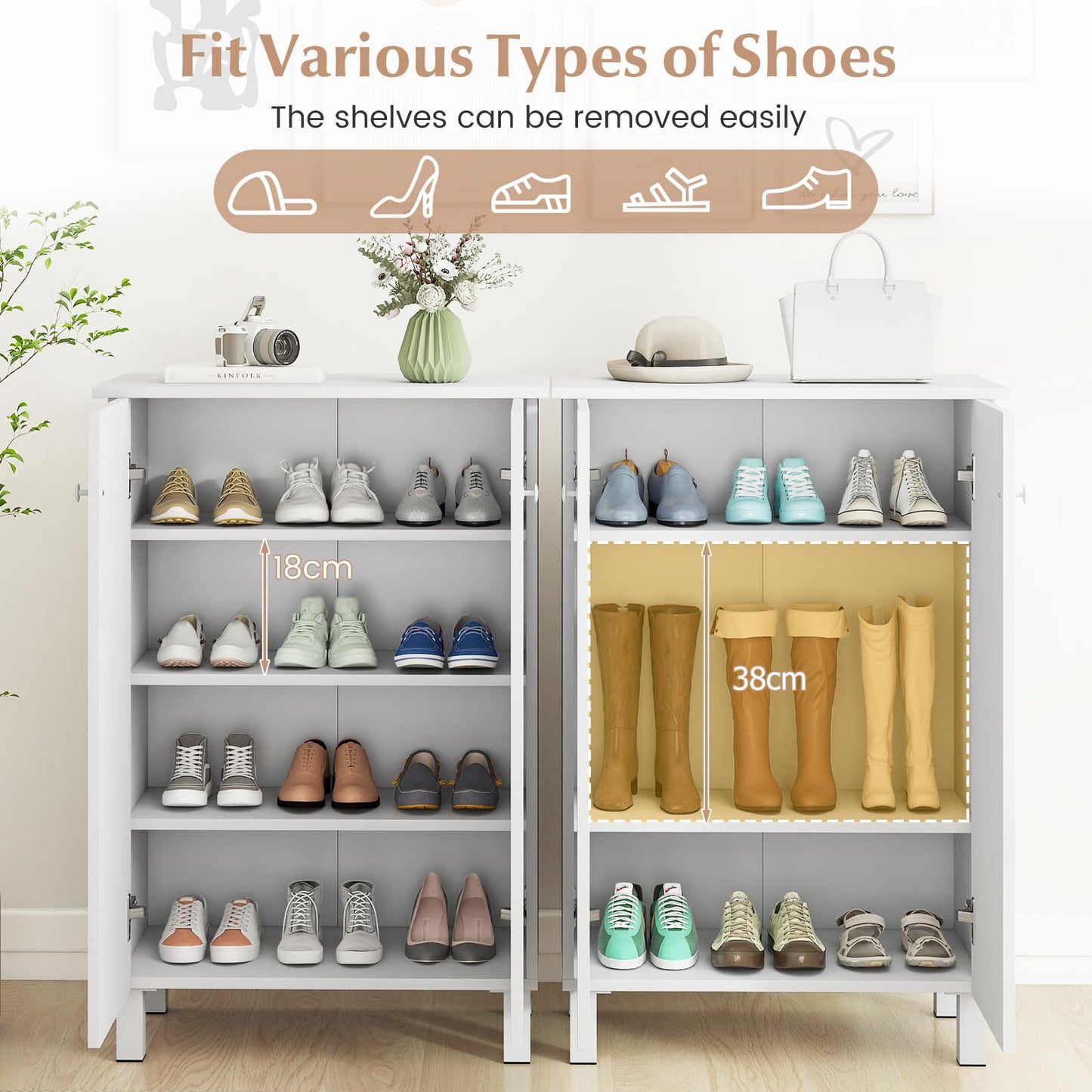 Wooden Shoe Cabinet, 4-Tier Freestanding Shoe Cupboard with 2 Doors and Removable Shelves
