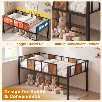Kids Loft Bed, Metal Single Size Low Loft Bed with Under-Bed Space