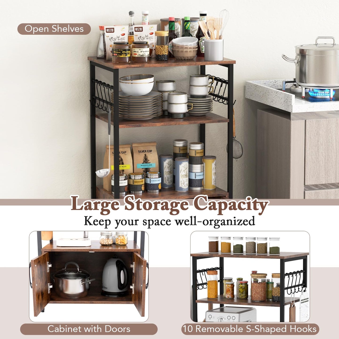 3-Tier Kitchen Bakers Rack with Cabinet Open Shelves and 10 Removable S-Shaped Hooks