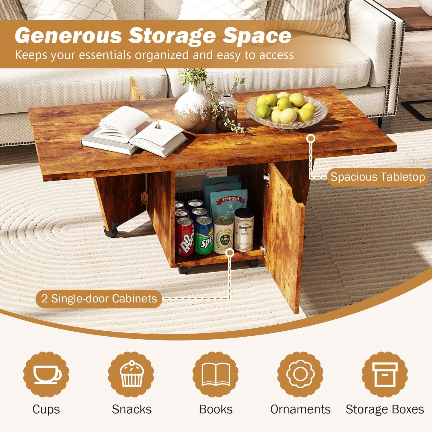 120cm Extendable and Foldable Coffee Table with Storage Cabinet and Wheels