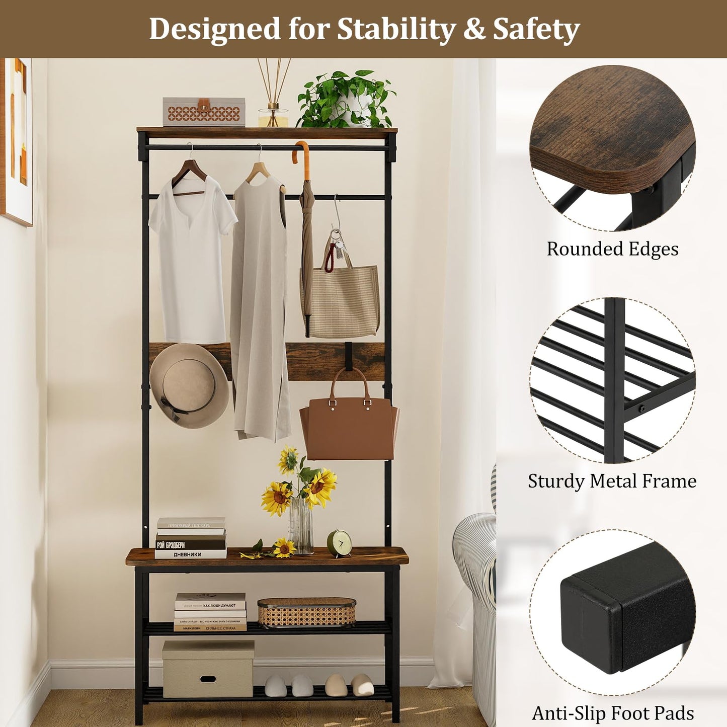 Hall Tree with Bench and Shoe Storage with Hanging Bars