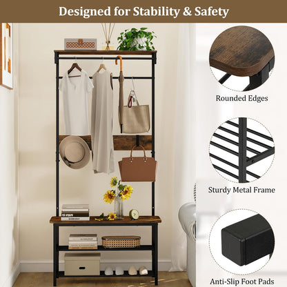 Hall Tree with Bench and Shoe Storage with Hanging Bars