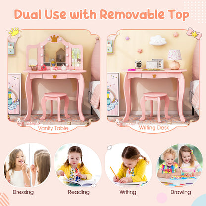 Kids Vanity Set with Lighted Mirror and Adjustable Brightness Pull-out Drawer and Stool