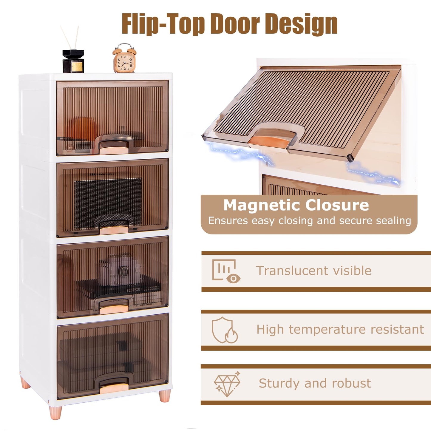 4-Tier Storage Bins Stackable Storage Containers with Magnetic Doors