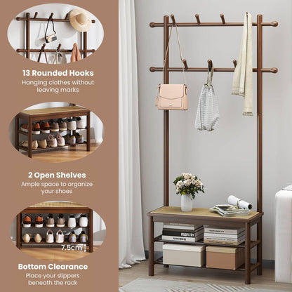 Bamboo Coat Rack PE Rattan Hall Tree with Bench and Shoe Storage