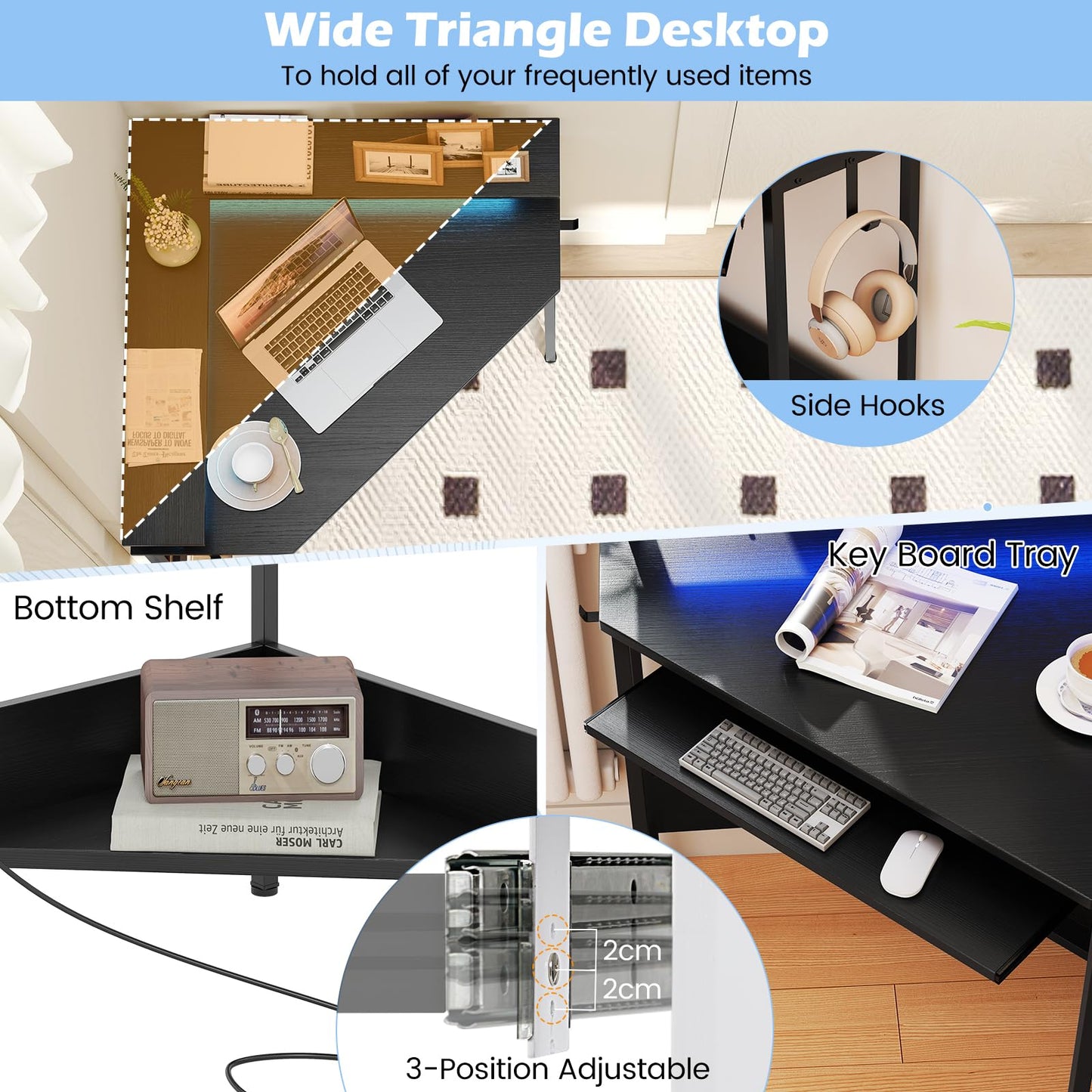 Computer Corner Desk with LED Charging Station and Monitor Stand