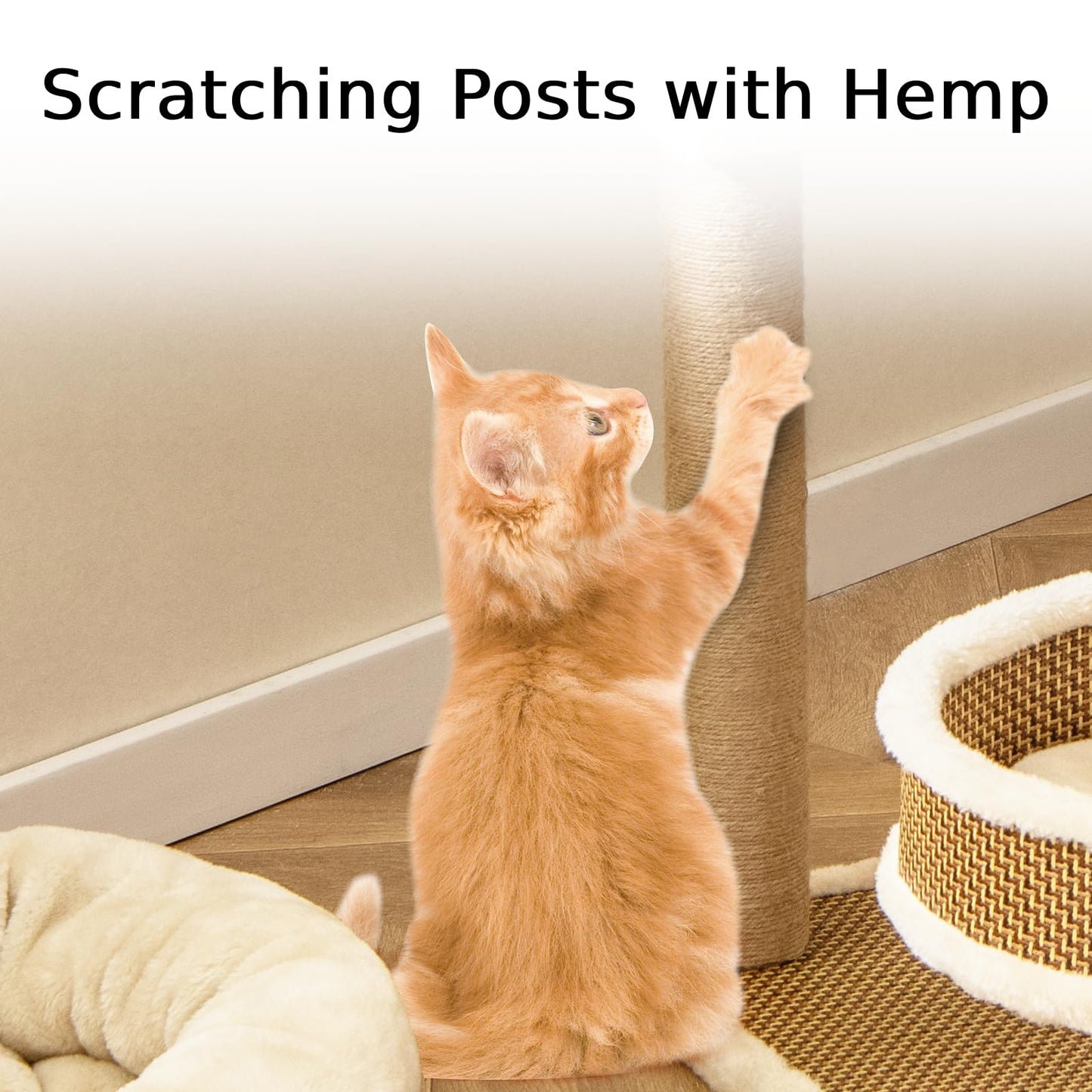Modern Cat Tower with Rattan Mat and 3 Hanging Ball Toys