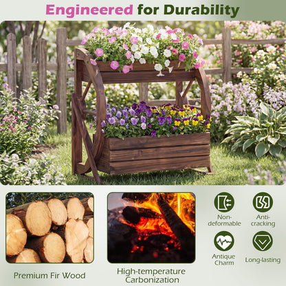 Wood Wagon Planter Box, 2-Tier Rustic Raised Garden Bed with Drainage Holes
